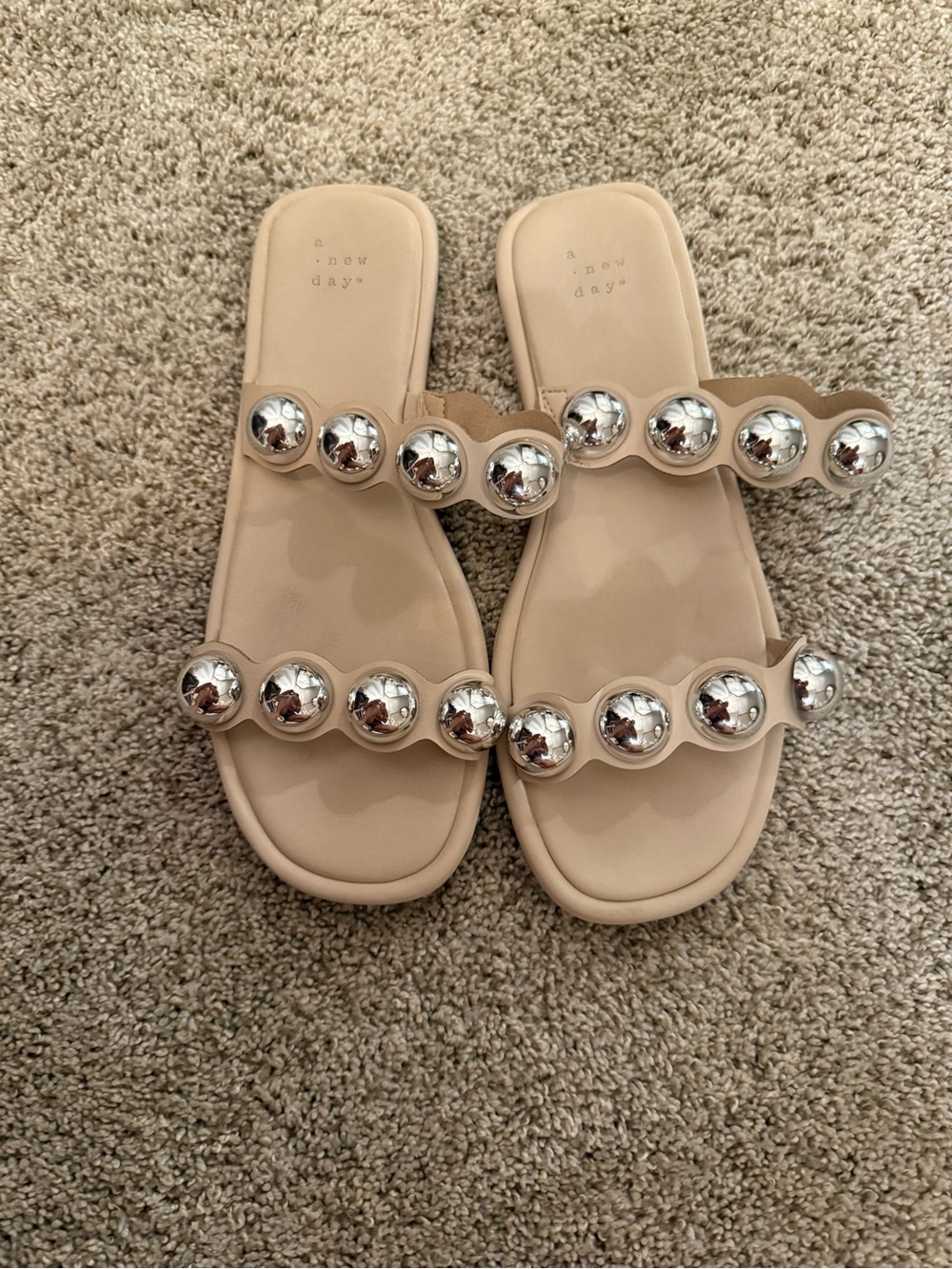 a new day Beige Slide Sandals with Silver Orbs